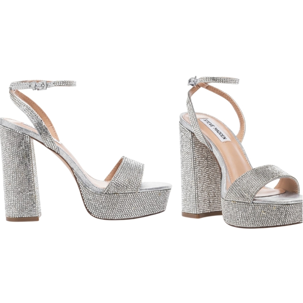 STEVE MADDEN LESSA SILVER SANDAL RHINESTONES SZ 9.5